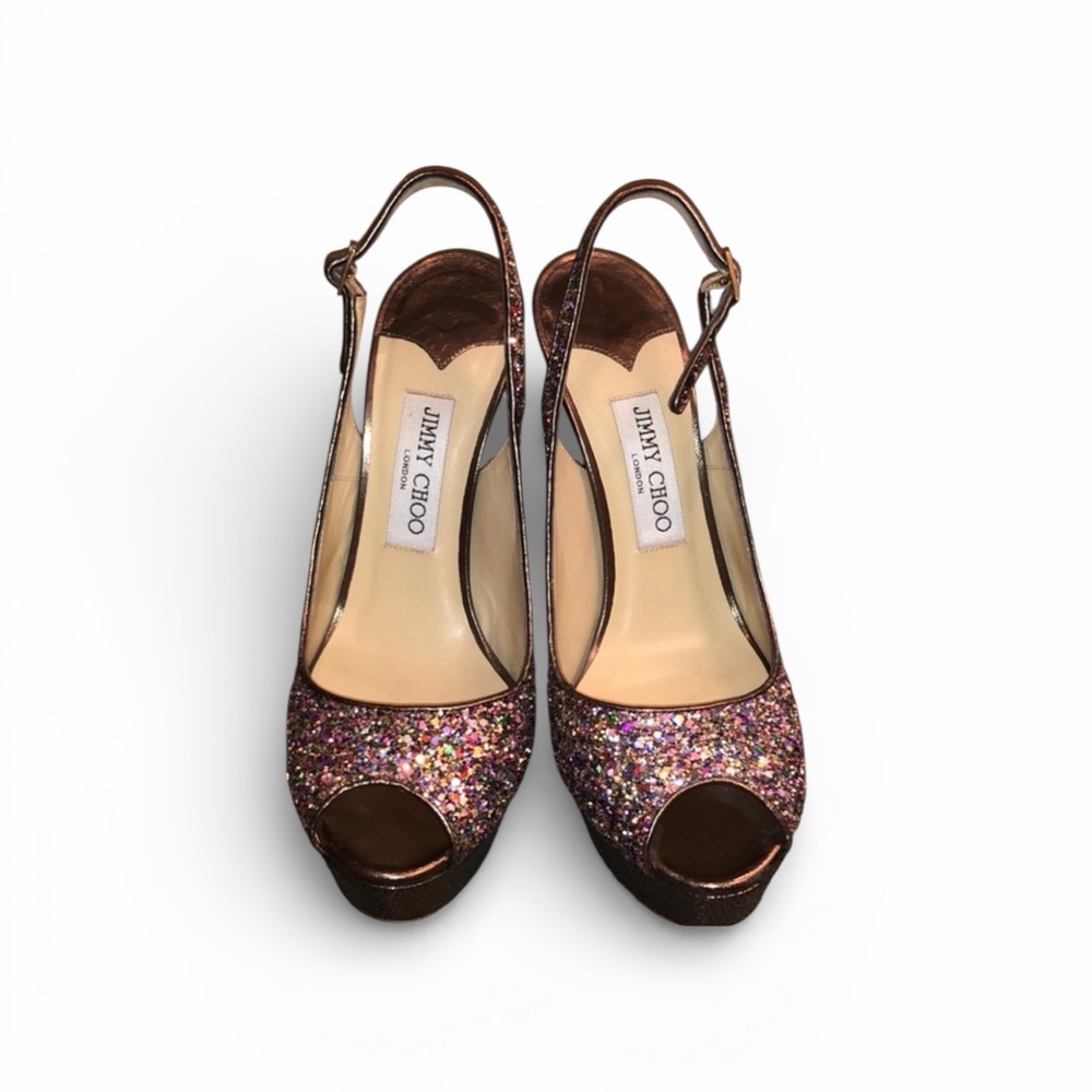 Jimmy Choo Iconic “Clue’ Multicolor Glitter Peep-Toe Slingback Heels - Picture 2 of 6